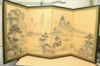 Vtg Japanese Chinese 4 Panel Folding Screen Byobu Painted 36x72 " Antique Signed