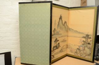 VTG Japanese Chinese 4 Panel Folding Screen Byobu Painted 36x72 