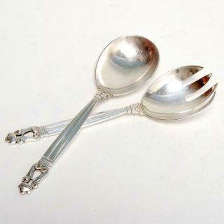 Georg Jensen " Acorn " Sterling Silver Salad Fork & Spoon Set 8 "