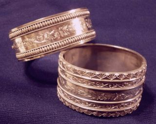2 Antique Victorian Edwardian Sterling Silver Wide Bangle Bracelets