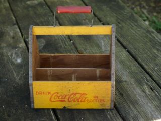 Vtg Yellow Coca Cola 6 Pack Wood Carrier Caddy Crate War Wings Red Handle 1940s