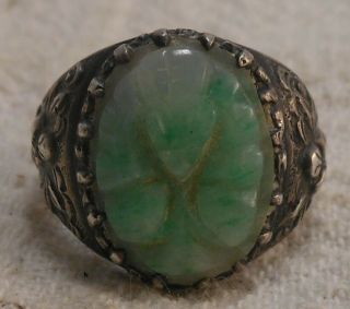 Fine Antique Chinese Silver And Carved Jade Ring
