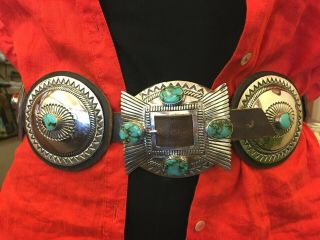 Vintage Navajo Royston Turquoise Sterling Silver Concho Belt With Leather - 39 "