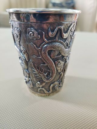 ANTIQUE CHINESE EXPORT SILVER DRAGON CUP SIGNED 75 grams 4