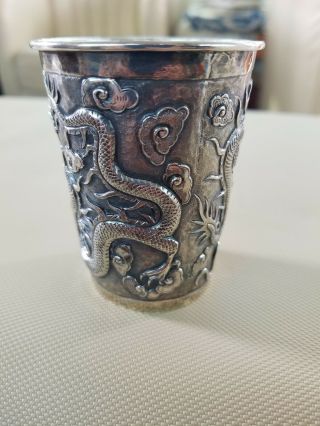 ANTIQUE CHINESE EXPORT SILVER DRAGON CUP SIGNED 75 grams 5