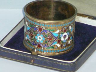 Antique Russian Imperial Silver Gilt 84 Cloisonne Enamel Napkin Ring