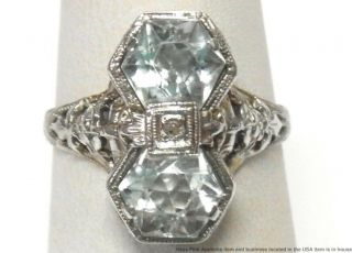 Antique Fancy 2 Stone Aquamarine Diamond 14k Ring White Gold Filigree Art Deco