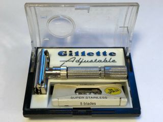 Vintage 1959 (e4) Gillette Fat Boy Adjustable De Safety Razor With Case & Blades