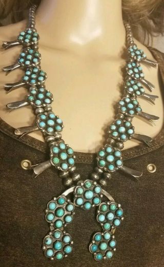 Vintage Zuni Snake Eyes Turquoise Sterling Silver Squash Blossom Necklace Signed