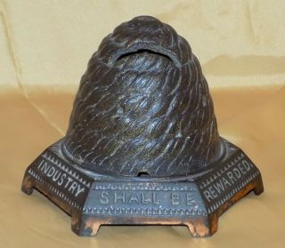 Antique Cast Iron Beehive Money Box / Coin Bank INDUSTRY SHALL BE REWARDED c1897 2
