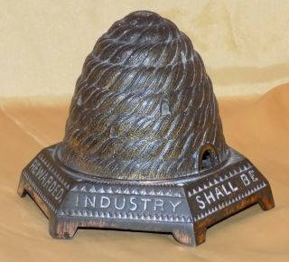 Antique Cast Iron Beehive Money Box / Coin Bank INDUSTRY SHALL BE REWARDED c1897 3