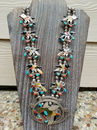 Vintage Native American Zuni Inlay Silver Squash Blossom Necklace Signed Sheyka