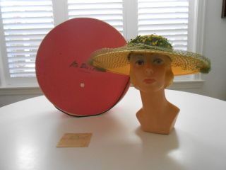 Spectacular Vintage Straw Picture Hat W/orig Box And Receipt 1945