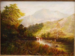 Fine 19th Century Children Fishing Summer River Landscape Antique Oil Painting