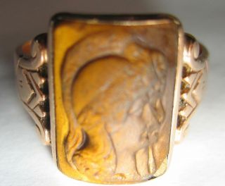 Antique Victorian 14k Rose Gold Tigers Eye Roman Soldier Twins Ring 11.  25
