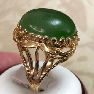 Antique 14k Gold Jade Ring Large 9.  8 G Size 7.  1/4 Fleur De Lis