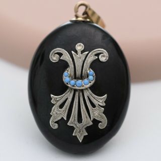 Antique Victorian Mourning Gold Filled Gf Onyx Silver Turquoise Locket Pendant