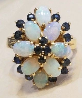 14k Solid Yellow Gold Blue Sapphire & Opal Gemstone Cocktail Ring Size 7.  5 7gr