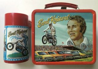 Vintage Evel Knievel Tin Lunchbox & Thermos Aladdin 1974 Motorcycle Daredevil