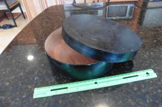 Wooden Storage Box Vintage Hand Made Painted Black Trinket Hat Round ?? Russian