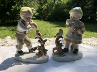 Vintage German Graefenthal Porcelain Boy & Girl Figurine Pair W/birds