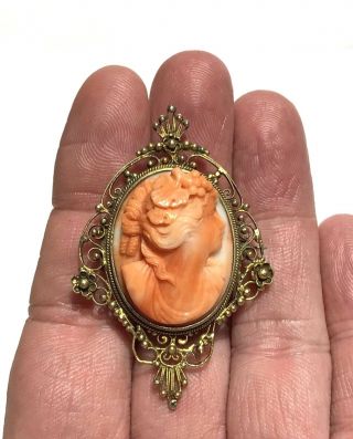 Antique Deeply Carved Coral Bacchus Cameo Brooch Gilt Silver Filigree 2 1/4 " Pin