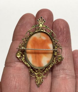 Antique Deeply Carved Coral Bacchus Cameo Brooch Gilt Silver Filigree 2 1/4 