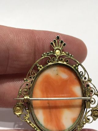 Antique Deeply Carved Coral Bacchus Cameo Brooch Gilt Silver Filigree 2 1/4 