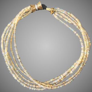 Vintage 14k Gold Diamond & Opal Gemstone Multi Strand Beaded Necklace