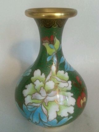Antique Chinese Cloisonne Vase.  Imperial Green W/ Floral Design.  Exquisite