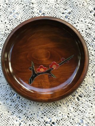 Vintage Hand Turned Wooden Lacquered Bowl With Cherry Blossom Feature