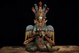 Chinese Antique Tibetan Buddhism Old Copper Inlaid Gem Dragon Tree Buddha