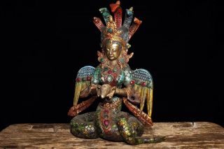 Chinese Antique Tibetan Buddhism old copper inlaid gem dragon tree buddha 2