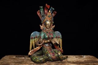 Chinese Antique Tibetan Buddhism old copper inlaid gem dragon tree buddha 3