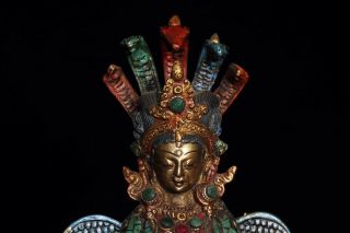 Chinese Antique Tibetan Buddhism old copper inlaid gem dragon tree buddha 5