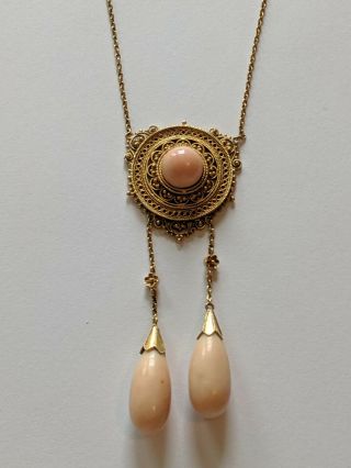 Antique 14k Solid Gold Angel Skin Coral Drop Necklace