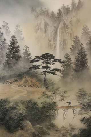 Z08q4 Great Waterfall Mountain River Scenery Japanese Hanging Scroll