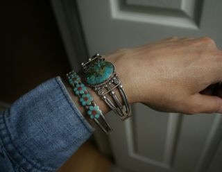 Vintage Harvey Era Navajo Sterling Silver Turquoise Cuff Bracelet 8