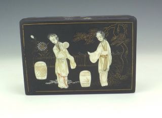 Antique Japanese Meiji Period - Carved Shell Oriental Geisha Inlaid Lacquer Box