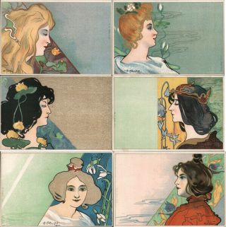A.  Pellon Set Of 6: Art Nouveau Women,  " Serie Ideal " Postcard Vintage Post Card
