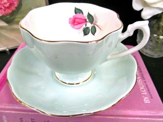 Queen Anne Tea Cup And Saucer Baby Blue Teacup Pink Rose Pattern