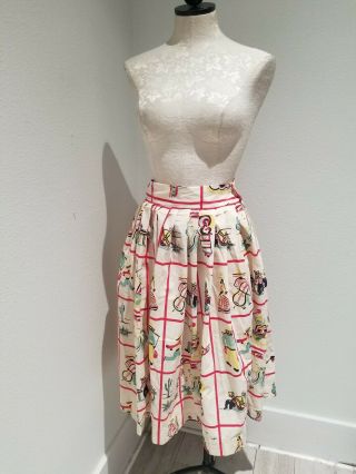 Vintage 1950s Novelty Print Fabric,  Pleated Skirt,  Cactus Sombreros Retro