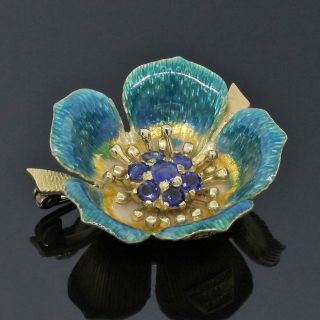 Vintage Tiffany&Co.  18K Yellow Gold Blue Sapphire Green Enamel Flower Pin/Brooch 3