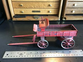 Vintage Horse Drawn Red Tin & Wood Wagon Wind Up Motor Needs Work