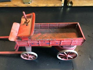 Vintage horse drawn red tin & wood wagon wind up motor needs work 3