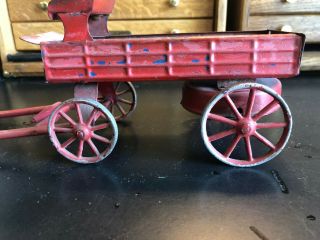 Vintage horse drawn red tin & wood wagon wind up motor needs work 4