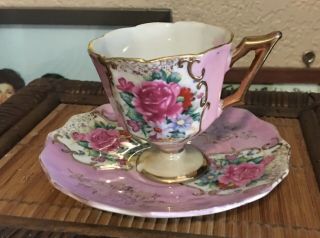 Vintage Cup And Saucer Pink With Floral Pattern