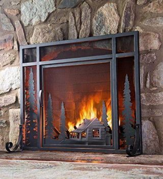 Small Mountain Cabin Hearth Fireplace Screen with Single Door,  3D Laser Cut 38 W 2
