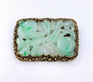 Asian Chinese Sterling Silver Carved Jade Filigree Vermeil Brooch Pin Antique