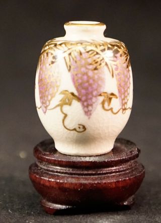Miniature Satsuma Pottery Vase Hand Painted Wisteria & Gold Trim Wooden Stand